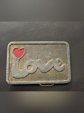 Vintage Love Script Heart Accent Silver-Tone Belt Buckle - Red & Gold Detail